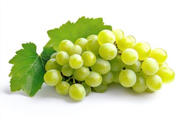 Bunch of green grapes with leaves isolated on white background