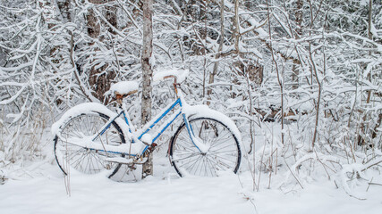 Old and snow covered bicycle in the rustic outdoors