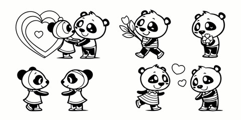 Cute Black and White Cartoon Panda Couple in Love Romantic Valentines Day Illustration