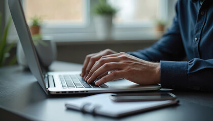 Man types on laptop keyboard. Notebook and smartphone nearby. Digital nomad, work at home, modern tech, startup, remote work. Freelancer, online education, studying, website design.