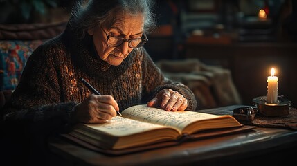 Obraz premium Old woman writing in journal by candlelight, elegant cursive, glasses beside her, amber light on quilt and wooden desk, serene act of reflection and wisdom