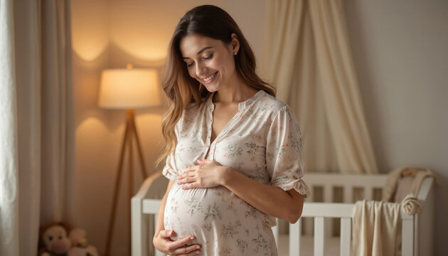 Smiling pregnant woman gently holds baby bump in nursery room. Soft light floral blouse, comfortable environment, anticipation, love. Motherhood, preparation, maternity, care, family await new life.