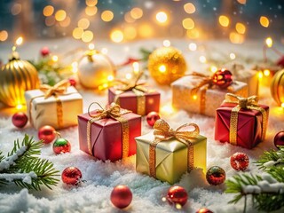 Festive Christmas Gifts on Snowy Surface, High Depth of Field, Holiday Background