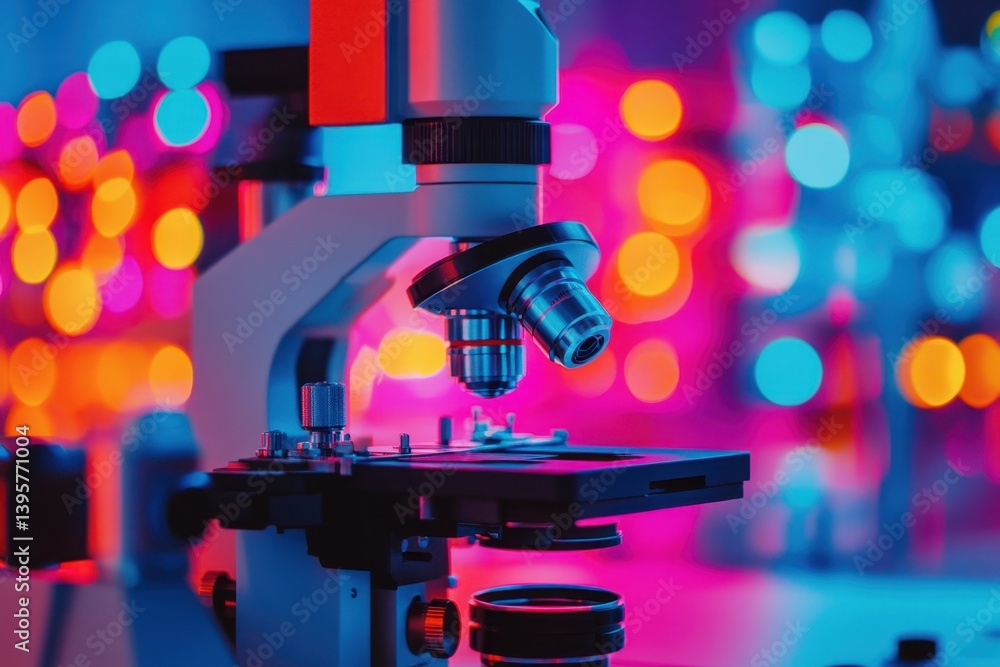Poster colorful microscope on laboratory table with vibrant bokeh background at night