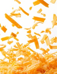Fototapeta premium Shredded cheddar cheese strips falling on a white background, 