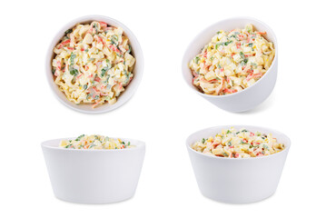 Imitatiom crab meat mayonnaise salad in a bowl on a white isolated background
