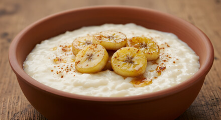 Delicious Creamy Rice Pudding Topped with Caramelized Banana and Cinnamon