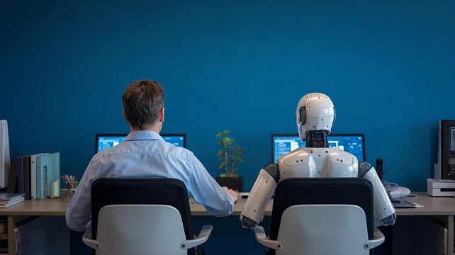 Human  AI Collaboration  Office Scene with Robot and Man Working Side by Side