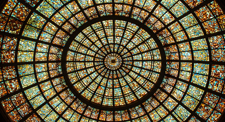 Stained Glass Dome Ceiling With Geometric Color Gradients Pattern