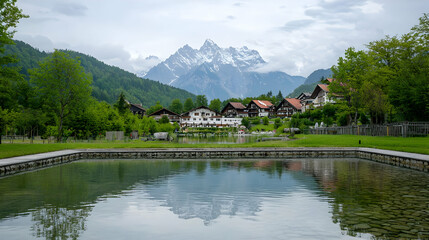 Naklejka premium Alpine Village Reflecting In Pond At Foothills