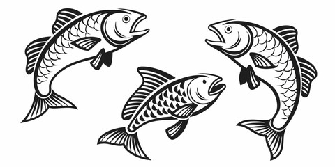 Naklejka premium Black and White Graphic Illustration of Three Fish with Open Mouths