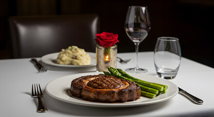 Elegant Fine Dining Ribeye Steak Dinner With Gourmet Sides At Restaurant