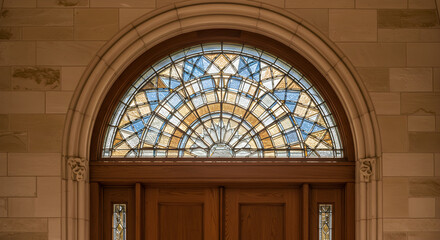 Obraz premium Starburst Patterned Leaded Glass Transom Windows Above Arched Doorway