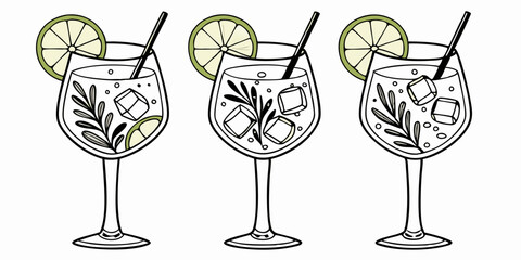 Three Line Art Gin and Tonic Vector Drinks with Lime, Rosemary & Ice