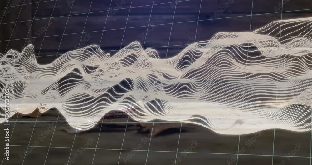 Poster creating dynamic flow, animation of abstract wave pattern with grid lines