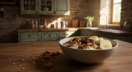 Fototapeta premium Bowl Of Granola With Almond Milk Raisins And Sliced Bananas On Wooden Table