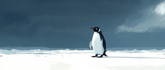 Obraz premium A penguin stands on white snow under a cloudy blue sky.