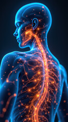Illustration of a human body with highlighted VNS points and nerves for Vagus Nerve Stimulation.