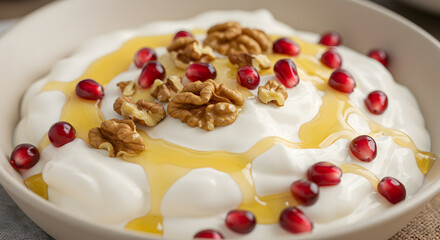Bowl of Greek Yogurt Topped with Honey Walnuts and Fresh Pomegranate Seeds