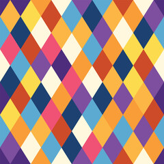 Circus harlequin patterns, rhombus lozenge pattern with diamond-shaped motifs in contrasting colors. Vector visually striking and repetitive tile design associated with traditional theatrical costumes