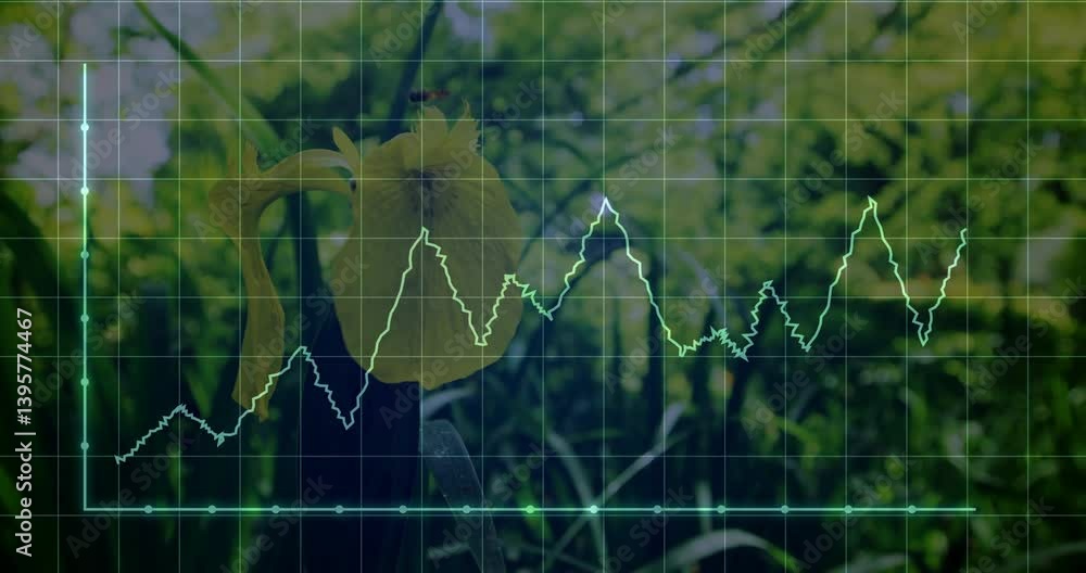 Poster animation of green graph line on floral background showing data analysis concept