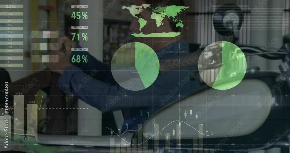 Poster Analyzing data with green charts, businessman using animation with world map