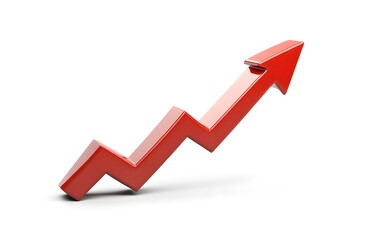 Upward-pointing red arrow, ascending graph icon on a white background