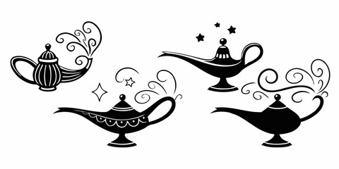 Black and White Genie Lamps - Vector Silhouettes of Magic Aladdin Lamps for Fantasy and Arabian Nights Designs