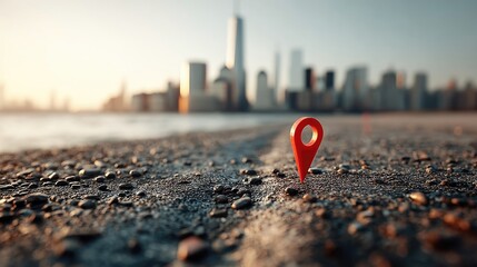 Red location pin stands on asphalt road with blurred city skyline in background, representing concepts of navigation and urban exploration