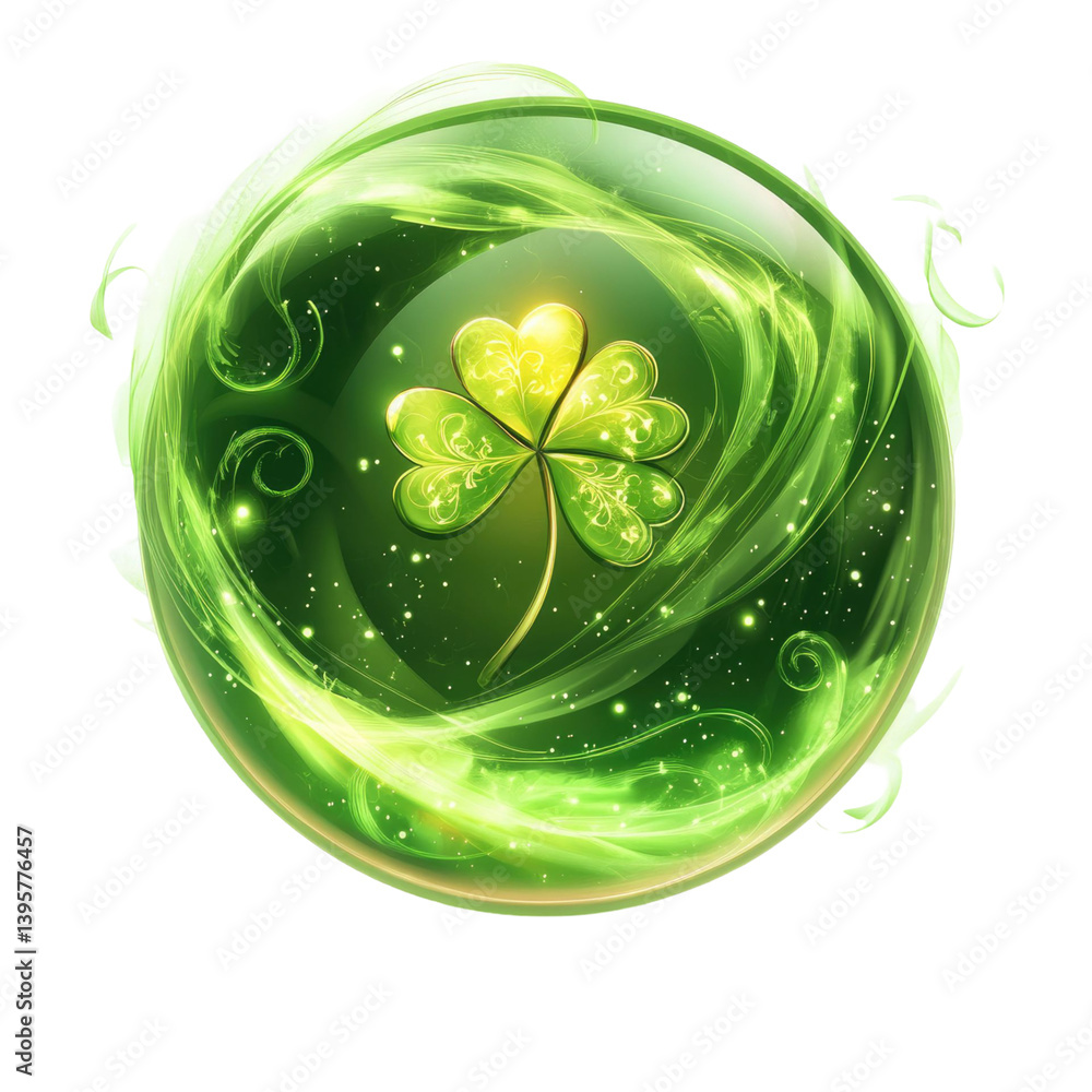 Poster glowing green sphere with a lucky clover inside surrounded by swirling energy and sparkles on transp