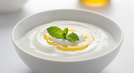 Plain Yogurt With Honey Drizzle And Mint Leaf For Adobe Stock