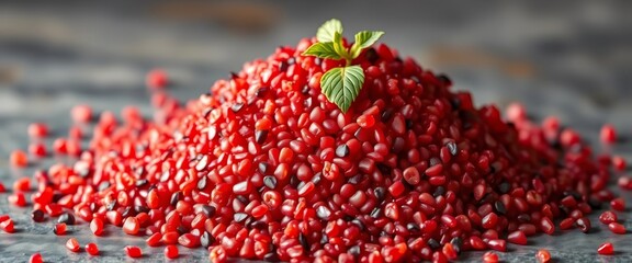 A vibrant mound of cooked red quinoa, glistening with moisture, detail, recipe