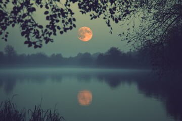 A full moon casts its reflection on a still lake, surrounded by silhouettes of trees at dusk.