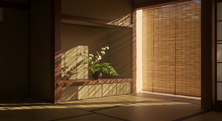 Sunlight Filtering Through Bamboo Blinds Onto a Simple Tokonoma Alcove
