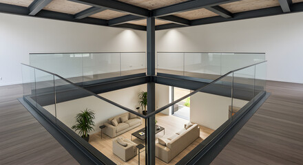 Fototapeta premium Architectural Marvel Steel Mezzanine Overlooking a Stylish Sunken Living Room