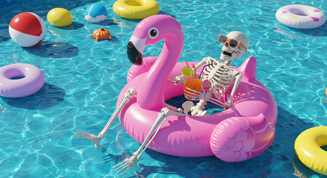 A skeleton wearing sunglasses relaxes on a pink flamingo float in a swimming pool, holding a cocktail. Colorful inflatable toys and a crab are floating around.