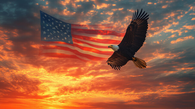 American eagle soaring against sunset with flag background  