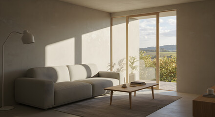 Sunlight Streaming Through Minimalist Living Room with Neutral Color Palette