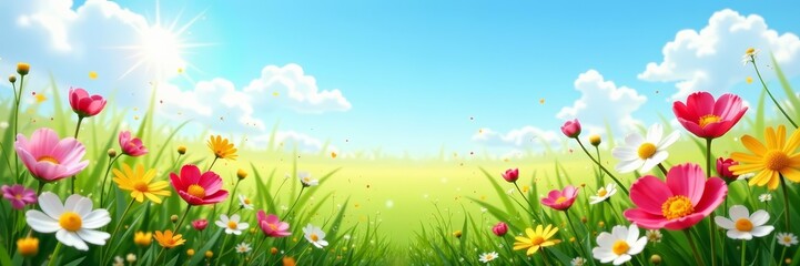 Fototapeta premium A vibrant spring meadow filled with natural flowers under a clear blue sky, flowers, clear sky, vibrant