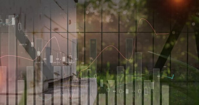 Animation of financial data charts overlaying bees entering hive in garden setting - Powered by Adobe