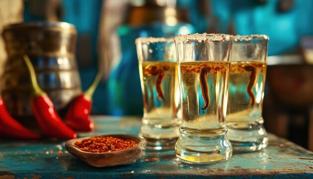 Traditional Mexican Drink In Mexico: Mezcal Shot With Chili Salt And Agave Worm - A Classic Beverage With A Fiery Twist.