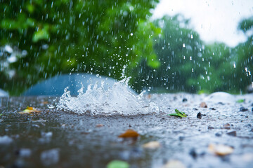 Close up of rain water drop falling on earth 