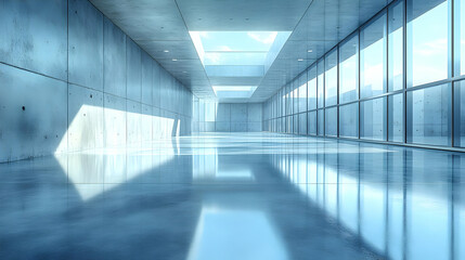 Obraz premium Modern Concrete Hallway With Reflective Floor and Skylights