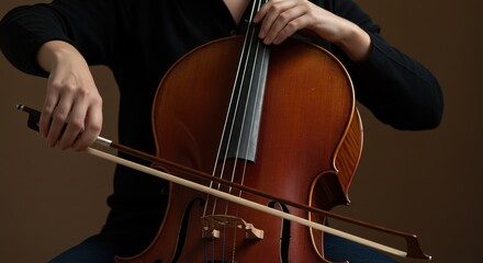 Close up of a person playing a cello with a bow in a dark setting