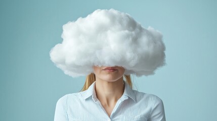  a person with a cloud for a head, set against a softly blurred abstract background, with ultra-sharp details and cinematic lighting inside the studio