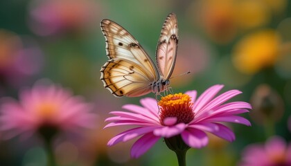 Butterfly on a Pink Flower: A delicate butterfly with intricate patterns rests on a vibrant pink flower, surrounded by a kaleidoscope of colorful blooms.