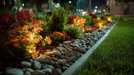 Nighttime view of a stunning flower bed with decorative stones and warm white lighting in a well-designed garden space