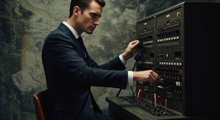 Dapper gentleman operating vintage telecommunications equipment with focused determination