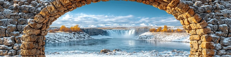 Majestic Waterfall Through Stone Arch