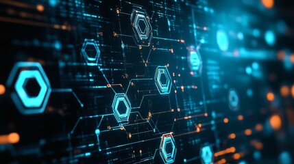 A complex digital network of glowing hexagonal data structures.